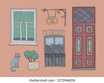 Collection of cute vintage elements of european town Tallinn. Hand-drawn vector illustration.