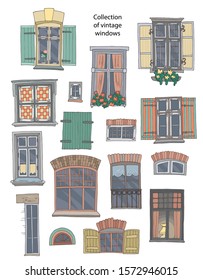 Collection of cute vintage windows. Hand-drawn vector illustration.