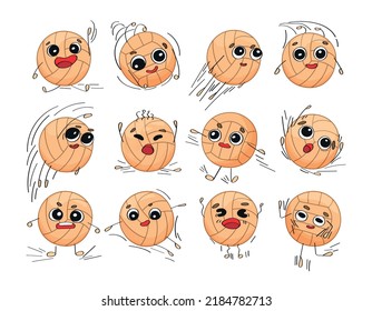 Collection of cute volleyball characters in cartoon style. Different emotions and actions of balls collection.