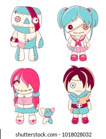 Collection of cute voodoo dolls in kawaii style. Zombie, schoolgirl, girl with cat, boy.  EPS8