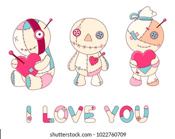 Collection of cute voodoo dolls in kawaii style with red hearts. Inscription I love you. EPS8