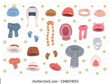 Collection of cute warm  hats and scarves for cold winter weather. Vector set in cartoon style. Isolated objects on white background.