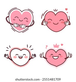 Collection of Cute Warm Kind Pink Heart Love Cartoon Character with Happy Smile Expression