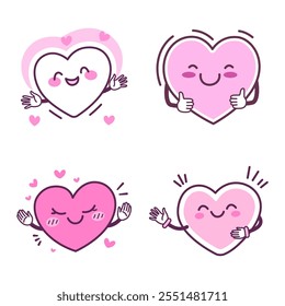 Collection of Cute Warm Kind Pink Heart Love Cartoon Character with Happy Smile Expression