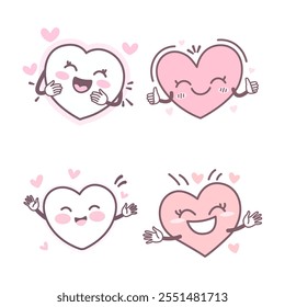 Collection of Cute Warm Kind Pink Heart Love Cartoon Character with Happy Smile Expression