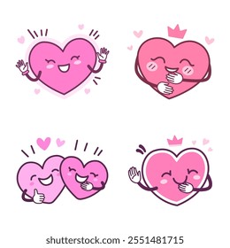 Collection of Cute Warm Kind Pink Heart Love Cartoon Character with Happy Smile Expression