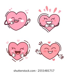 Collection of Cute Warm Kind Pink Heart Love Cartoon Character with Happy Smile Expression