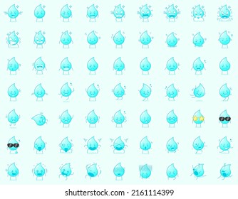 collection of cute water cartoon character expressions. angry, thinking, crying, sad, confused, flat, happy, scared, shocked, dizzy, hopeless, sleeping. suitable for emoticon, logo and mascot
