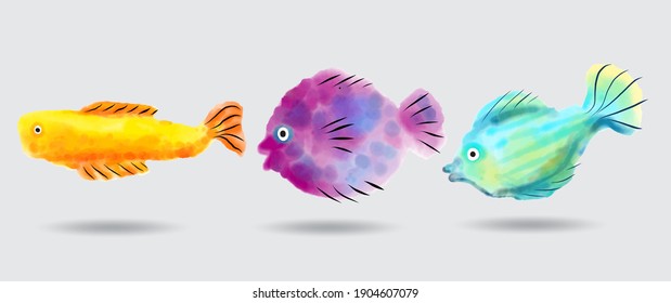 a collection of cute watercolor fish illustrations that are great for children's t-shirts