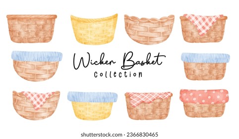 Collection of cute watercolor wood baskets. These rustic, handmade vintage decor items add a touch of classic charm to any space. Perfect for storage and decoration.