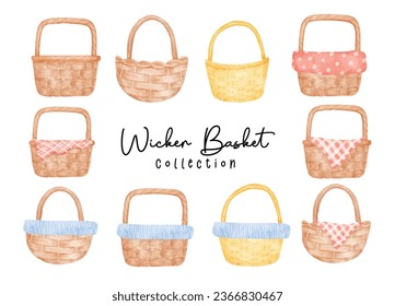Collection of cute watercolor wood baskets. These rustic, handmade vintage decor items add a touch of classic charm to any space. Perfect for storage and decoration.