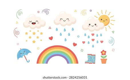 Collection of cute weather icons including sun, clouds, rain, rainbow, umbrella, and flowers.