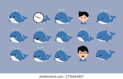 Coleção de bonitos personagens de baleia com rostos expressivos em estilo de desenho animado plano para ilustrações de crianças