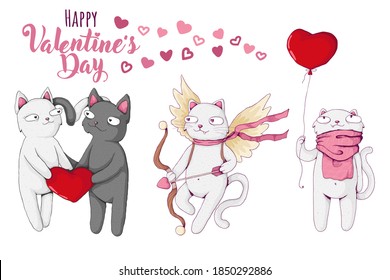 Collection of cute white and black cats in cartoon style. Vector illustration. Set of St Valentine's Day concepts. Text Happy Valentine's day. Best for print, web and textile design.