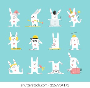 Collection of cute white bunnies in various poses. Vector set of cartoon rabbit. Animal wildlife symbols isolated on background.