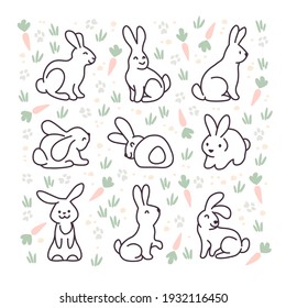 Colección de adorables personajes de conejito blanco aislados en fondo blanco. Icono de conejo animal. Estilo de doodle dibujado a mano. Ilustración vectorial. Para pegatinas, tarjetas, etiquetas, decoración de Pascua.