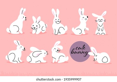 Colección de adorables personajes de conejito blanco aislados en fondo rosado. Icono de conejo animal. Estilo de doodle dibujado a mano. Ilustración vectorial. Para pegatinas, tarjetas, etiquetas, decoración de Pascua.