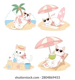 A collection of cute white cat cartoon character illustrations in pastel colors enjoying summer beach activities. The set features a kitten playing with a beach ball under a palm tree, sleeping under a sun umbrella next to a surfboard, building a sandcastle with a bucket, and relaxing on a beach chair while drinking coconut water. Perfect for summer themes, stickers, cards, prints, and children designs.