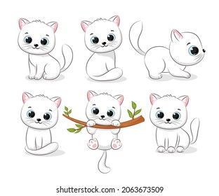 A collection of cute white cats. Vector illustration of a cartoon.
