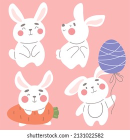 Collection of cute white Easter bunnies. Vector illustration with holiday characters.