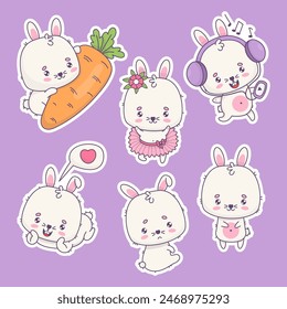 Collection cute white rabbit stickers. Ballerina girl, bunny in love, with carrot and headphones, unhappy sad baby. Isolated funny kawaii animal characters. Vector illustration. Kids collection