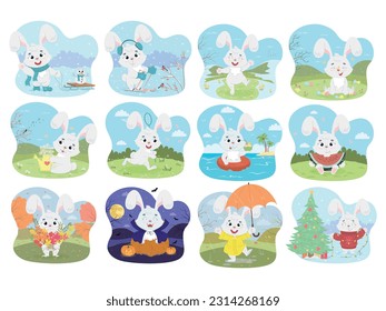 Collection of cute white rabbits in different seasons. Set for calendar or postcards. Funny rabbits. Collection of vector illustrations in cartoon style.