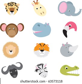 collection of cute wild animal faces as cartoons on a white background