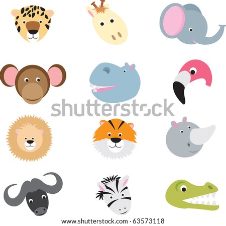 collection of cute wild animal faces as cartoons on a white background