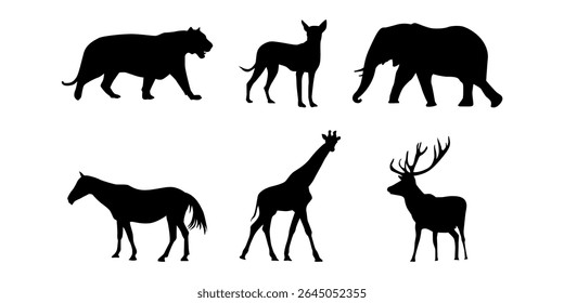 Collection cute wild animal isolated vector silhouettes