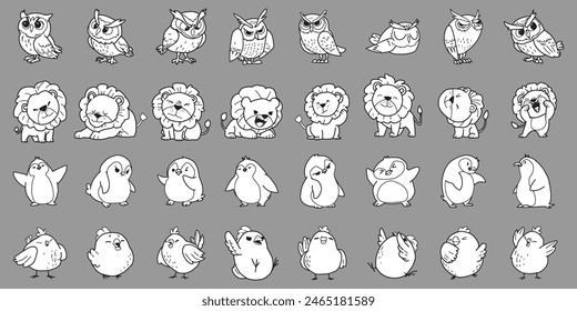 Collection of cute wild animals, coloring pictures, cute animals, hand drawn.