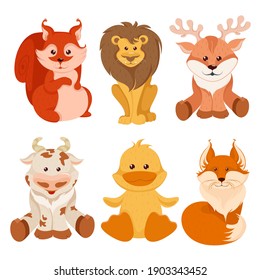 Collection of cute wild animals including squirrel, lion, deer, calf, duck and fox isolated on white background in flat style. Vector illustration