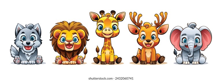 Collection of cute wild animals. Vector cartoon illustration