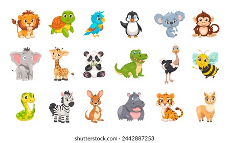 Collection of cute wild animals of the world. Cartoon baby animals, fauna with different mammals jungle, safari.