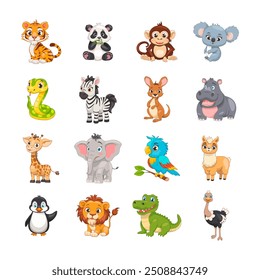 Collection of cute wild animals of the world. Vector set of funny animals, different mammals jungle, safari, reptiles, birds.