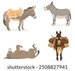 Collection cute wildlife animal. Vector illustration set of cartoon Donkey with saddle and basket isolated on white background.