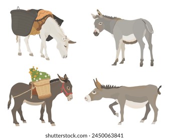 Collection cute wildlife animals. Vector illustration set of cartoon donkey with saddle and flowers isolated on white background.