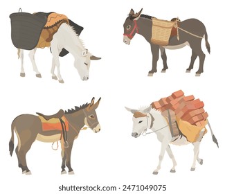 Collection cute wildlife animals. Vector illustration set of cartoon donkey with saddle, basket and bricks isolated on white background.