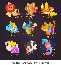 Collection Of Cute Winged Animals With A Magic Wands, Fantasy Fairy Tale Dog, Cat, Horse, Unicorn, Bunny, Zebra Cartoon Characters Vector Illustration