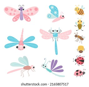 Collection of cute winged insects and beetles. Funny characters butterfly, dragonfly, bee and mosquito, ladybug and Colorado potato beetle. Vector illustration. Isolated elements for design and decor