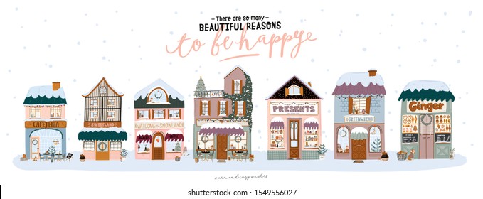 Collection of cute winter house, shop, store, cafe and restaurant isolated on white background. Christmas holiday season. Flat vector illustration in trendy scandinavian style. European city