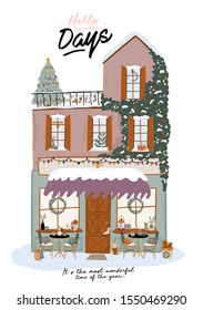Collection of cute winter house, shop, store, cafe and restaurant isolated on white background. Christmas holiday season. Flat vector illustration in trendy scandinavian style. European city