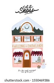 Collection of cute winter house, shop, store, cafe and restaurant isolated on white background. Christmas holiday season. Flat vector illustration in trendy scandinavian style. European city