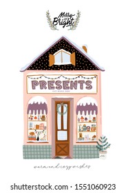 Collection of cute winter house, shop, store, cafe and restaurant isolated on white background. Christmas holiday season. Flat vector illustration in trendy scandinavian style. European city