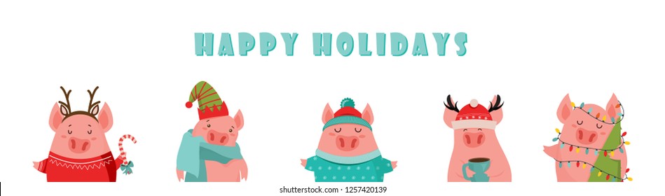 Collection of cute winter pigs. New 2019 year. Symbol of the year in the Chinese calendar. Vector cartoon isolated illustration. Year of yellow pig. - Vector