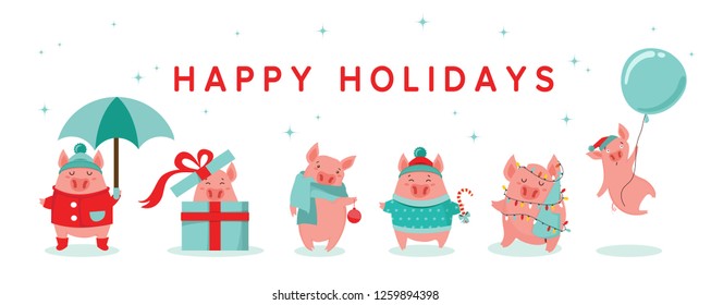 Collection of cute winter pigs. New 2019 year. Symbol of the year in the Chinese calendar. Vector cartoon isolated illustration. Year of yellow pig. - Vector