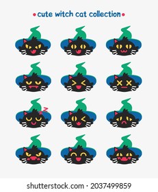 Collection of cute witch cat faces. Hand drawn Halloween cute and kawaii witch cat collection. Сute witch cat icons. Halloween emoji icons.