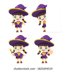 Collection of cute witch, kawaii mascot cartoon character use for halloween concept, vector illustration