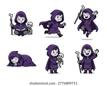 A collection of cute wizard characters in various poses with a skeleton companion.