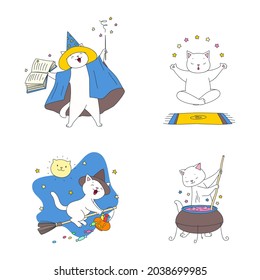 Collection of cute wizard kitties. Illustration of funny white cats casting a spell, flying on a broom, making magic potion and levitating in yoga lotus asana. Vector 10 EPS.