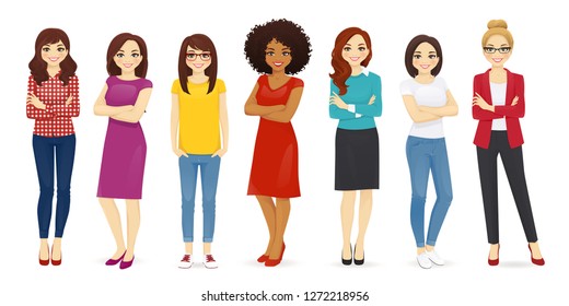 Collection of cute women dressed in different clothing. Female characters set vector illustration